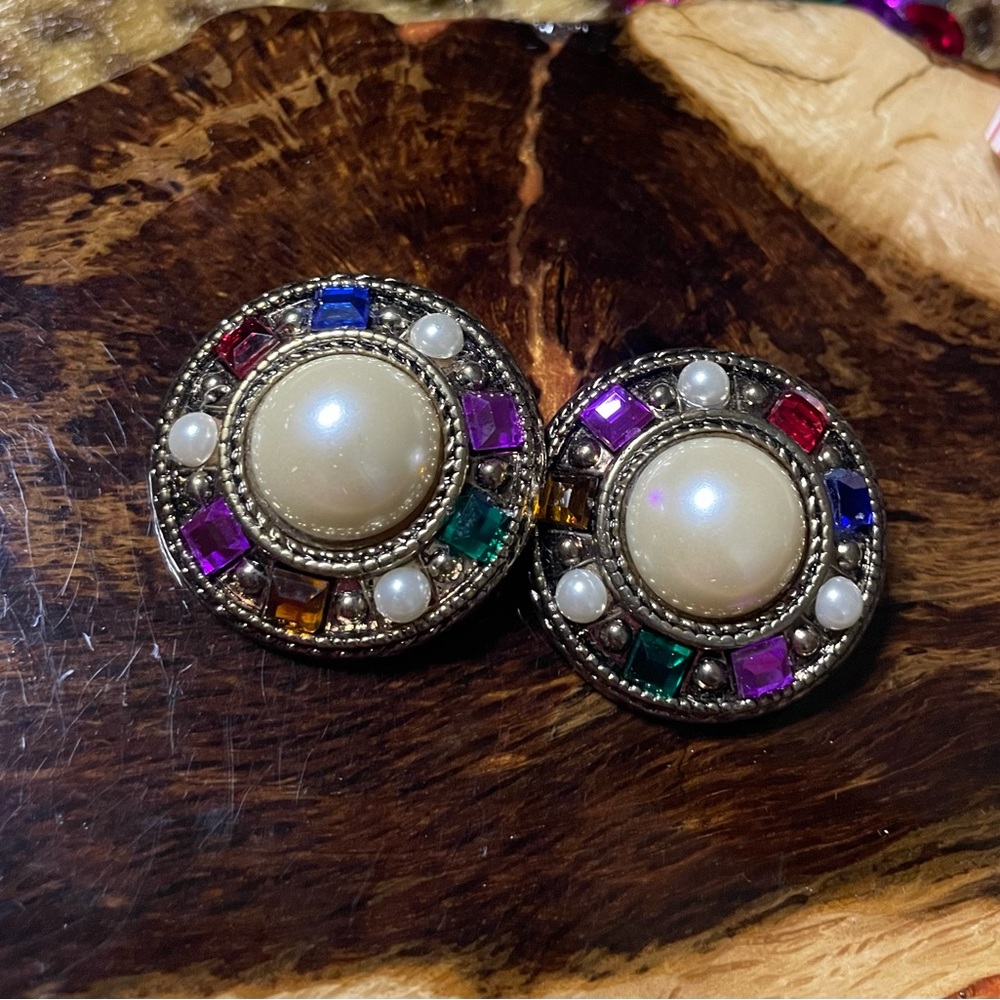 Huge Vintage Mega Clip on Earrings Faux Mabe Pearl Multicolors Lucite 1960s
